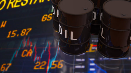 Oil barrels in front of stock market trading screen representing global energy industry crude oil...
