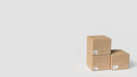 Three stacked cardboard shipping boxes with labels isolated on light background representing...