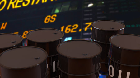 Oil barrels in front of stock market trading screen representing global energy industry crude oil...