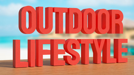 Outdoor lifestyle text on wooden table with tropical beach resort background representing travel...
