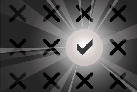 A single correct mark with a white ray light in a group of wrong mark to illustrate finding the one correct answer or solution in a competition of negative or wrong feedbackのイラスト素材