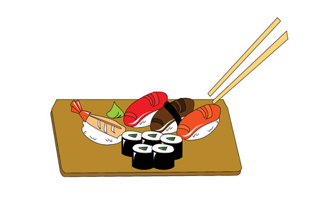 vector sushi on the wood plate and chopsticksのイラスト素材