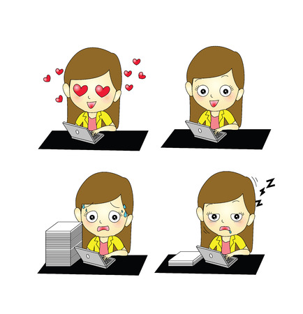 set of businesswoman working on laptop with different emotion In-love,happy,tired,sleepy のイラスト素材