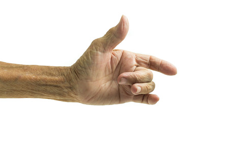 Senior woman hand i love you sign isolated on white backgroundの写真素材