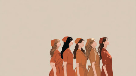 This illustration features five women standing in a line with various hairstyles and warm tones, exuding a sense of unity and empowerment against a soft beige backdrop.の素材