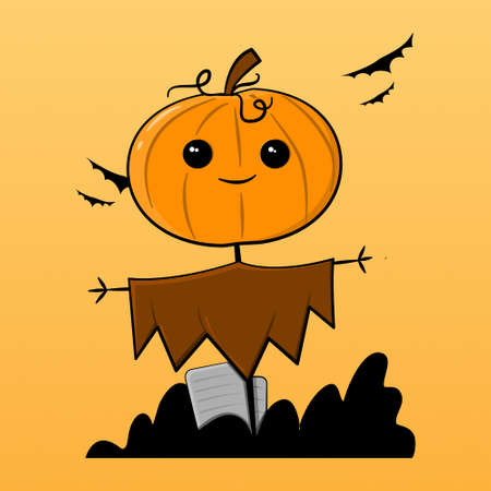 Cute Halloween illustration of a scarecrow with a pumpkin head.のイラスト素材