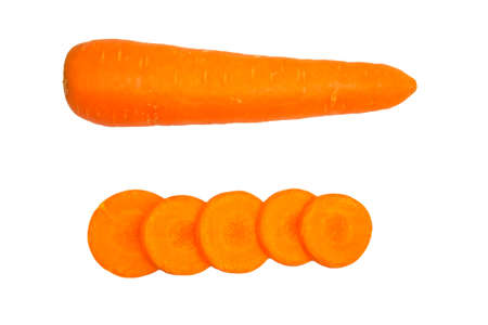 Carrots sliced and photo from top view on white background.の写真素材