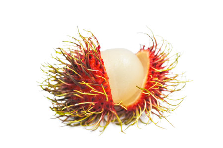 Rambutan cut halved on white background.の写真素材