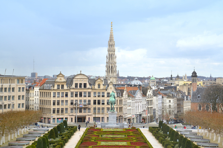 People are walking the center of Brussels. City Hall seen from the Mont des Arts.のeditorial素材