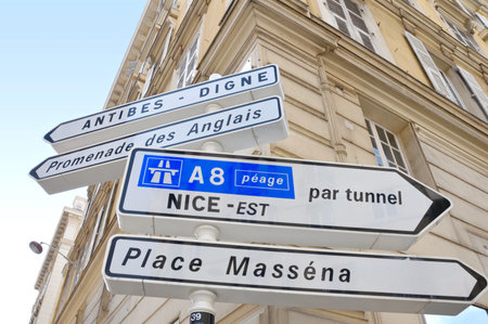 Directional sign to tourist attractions and tunnel, Nice, France