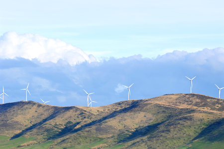 Wind turbine farm on the hill, South Island, New Zealand