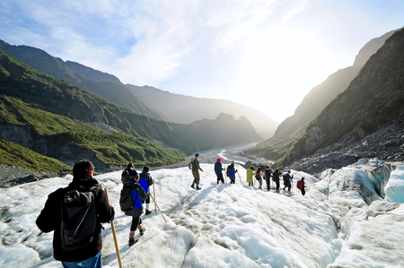 Tourists are trekking at Fox Glacier, New Zealand.のeditorial素材