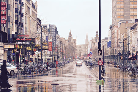 The street in front of Antwerp central station is quiet empty in a raining day, Antwerp, Belgium