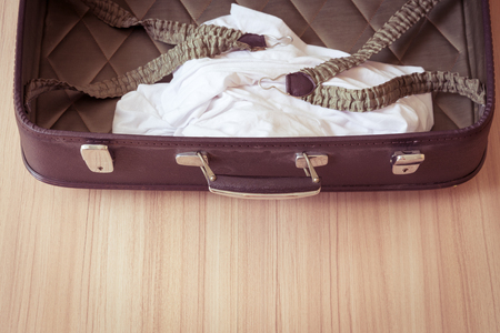 Open old suitcases. Brown retro suitcase. Vintage baggage.の写真素材