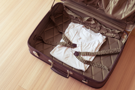 Open old suitcases. Brown retro suitcase. Vintage baggage.の写真素材