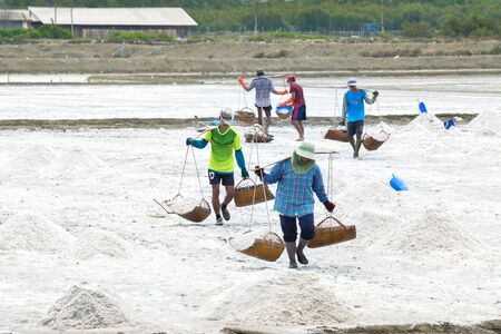 Workers are carrying sea salt to keep in the barn, Samut Sakhon, Thailand.のeditorial素材