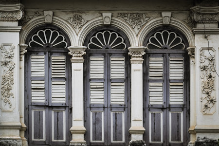 Sino Portuguese style window along the street in Phuket old town, Thailand