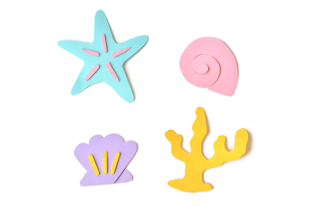 Seashells and starfish paper cut on white background - isolatedの写真素材