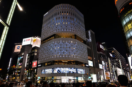Nissan Crossing is seen from the other side of the street in Ginza, Tokyo, Japanのeditorial素材