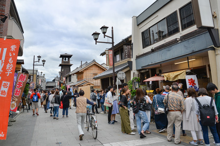 Kawagoe, Japan - May 14, 2017: Many tourists and local people are walking along the street lead to bell tower  in Kawagoe, Japanのeditorial素材