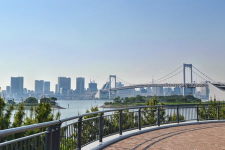 Rainbow bridge as seen from Odaiba waterfront, Odaiba, Japanの写真素材