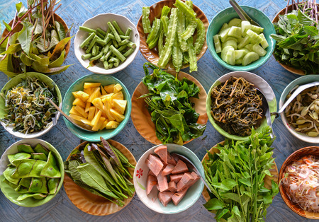 Variety of  local vegetables having with curry rice noodle (Thai Southern style)の写真素材
