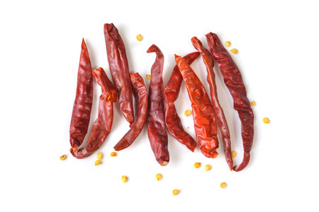Dried Thai red chili pepper on white background - isolated