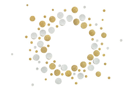 Gold and silver glitter circle paper cut on white background - isolatedの写真素材