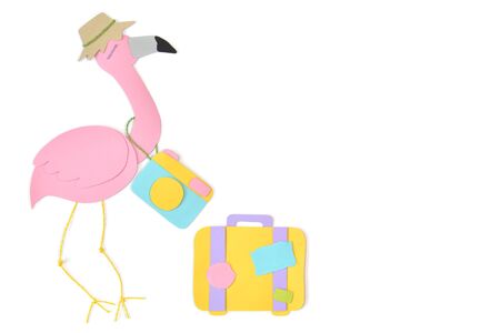 Travel flamingo paper cut on white background - isolatedの写真素材