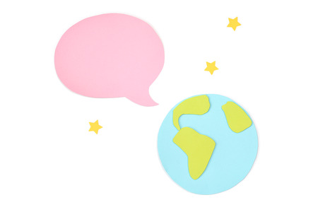 World with blank speech balloon paper cut on white background - isolatedの写真素材