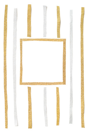 Gold and silver glitter square frame paper cut on white background - isolatedの写真素材