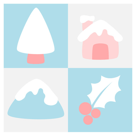 Winter flat icon set in square frame with tree, mountain, house and hollyのイラスト素材