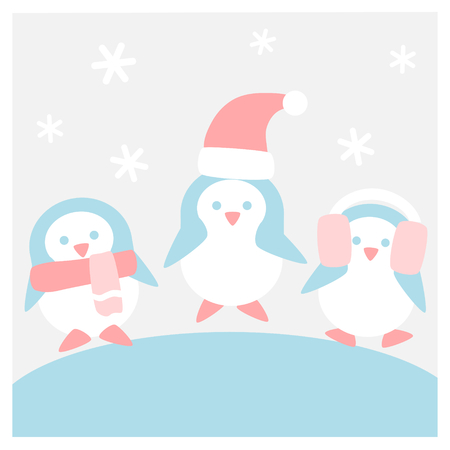 Winter flat icon set in square frame with penguins in winter clothのイラスト素材
