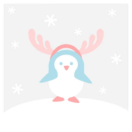 Penguins waring deer antler (Winter flat icon set in square frame)のイラスト素材