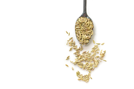 Fennel seed in a spoon on white background from top viewの写真素材