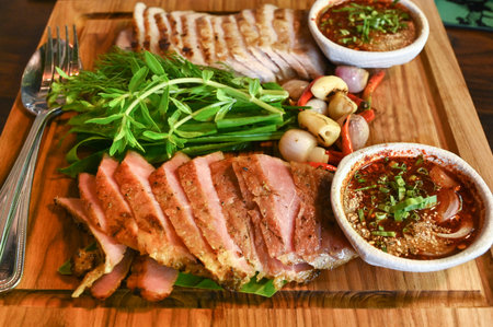 Grilled beef and pork with local vegetables and spicy sauce, Thai foodの写真素材