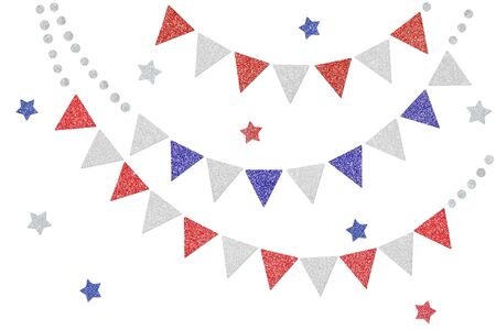 Red blue and silver glitter bunting paper cut background - isolatedの写真素材