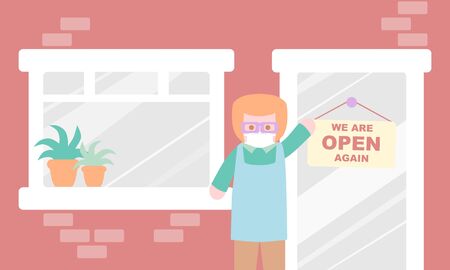 A man reopen his store during Covid-19 pandemicのイラスト素材