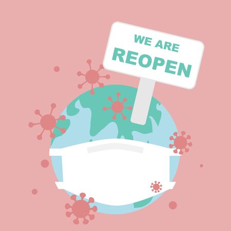 Reopen economy during Covid-19 pandemic concept - World wearing mask and holding reopen signのイラスト素材