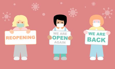 People holding reopen sign during Covid-19 pandemicのイラスト素材
