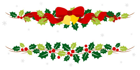 Christmas garland with holly and ribbon - colorfulのイラスト素材