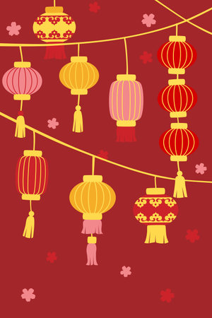 Chinese new year lanterns on red backgroundのイラスト素材