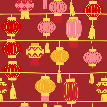Chinese new year lanterns on red background - seamlessのイラスト素材
