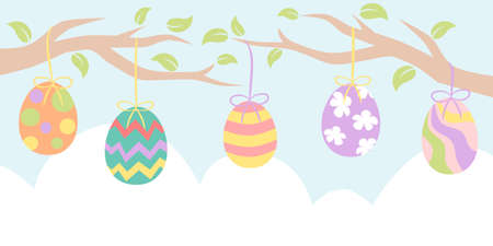 Easter banner with painted egg hanging from tree branchesのイラスト素材