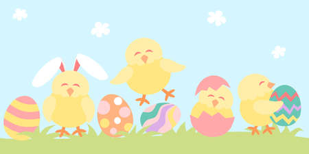 Easter banner with easter eggs and chickenのイラスト素材