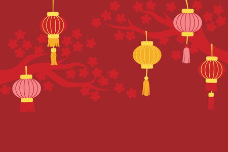 Chinese new year background with lanterns and cherry blossom treeのイラスト素材
