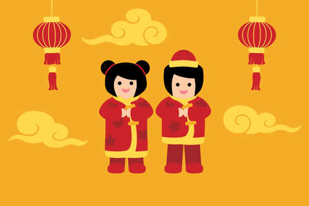 Chinese new year card with girl and boyのイラスト素材