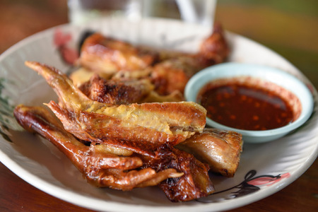 Chopped grilled chicken in a dish with the sauce.の写真素材