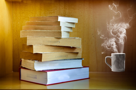 Old books on a wooden background.,Vintage Conceptの写真素材