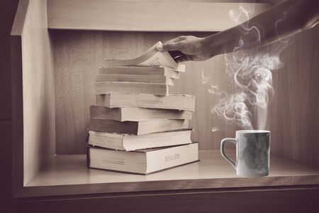 Old books on a wooden background.,Vintage Conceptの写真素材